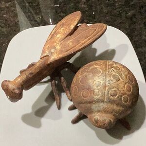 Set of 2 Vintage Cast Iron Bug Paperweights Grasshopper Ladybug